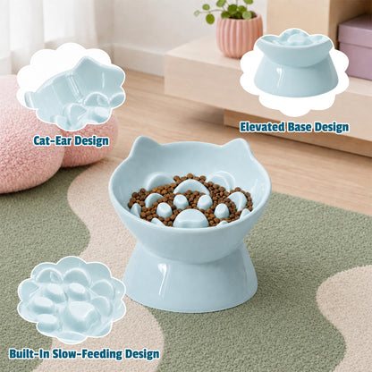 Cat & Dog Slow Feeder Bowl, Elevated Ceramic Pet Bowl, Anti-Gulping Slow Eating Bowl for Small & Medium Cats and Dogs, 5.9 Inch, Easy to Clean Blue