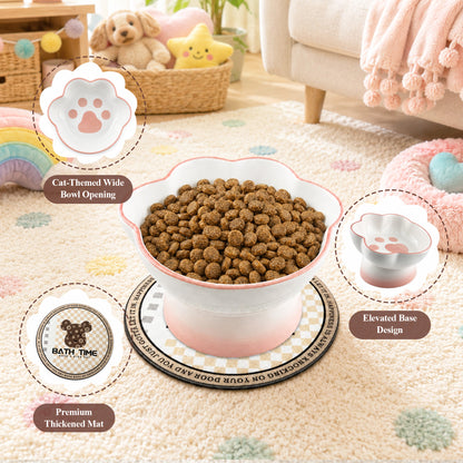 Ceramic Pet Bowl for Cats & Small Dogs, Elevated Paw-Shaped Food & Water Bowl, 400ml Wide-Mouth Feeding Bowl with Non-Slip Mat, Easy to Clean, Cute Cat & Puppy Dish-Pink