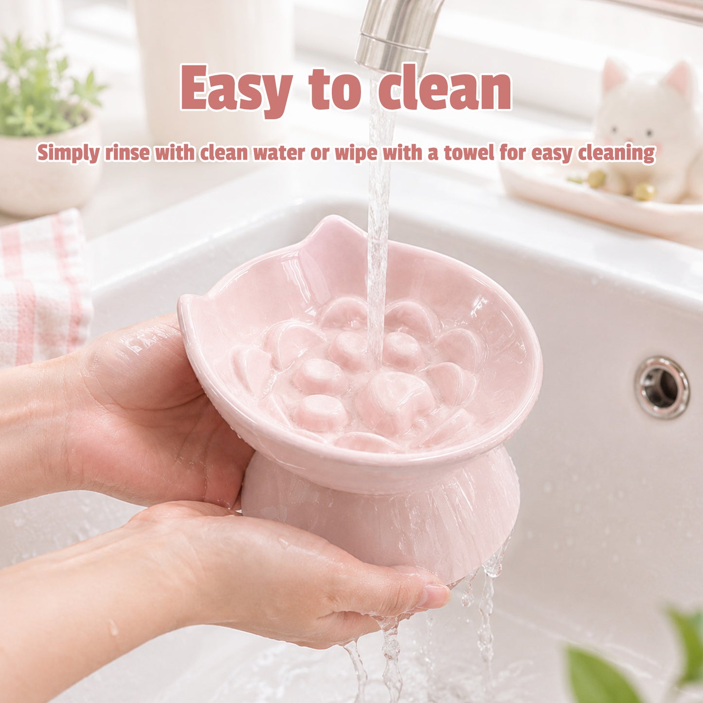 Cat & Dog Slow Feeder Bowl, Elevated Ceramic Pet Bowl, Anti-Gulping Slow Eating Bowl for Small & Medium Cats and Dogs, 5.9 Inch, Easy to Clean Pink