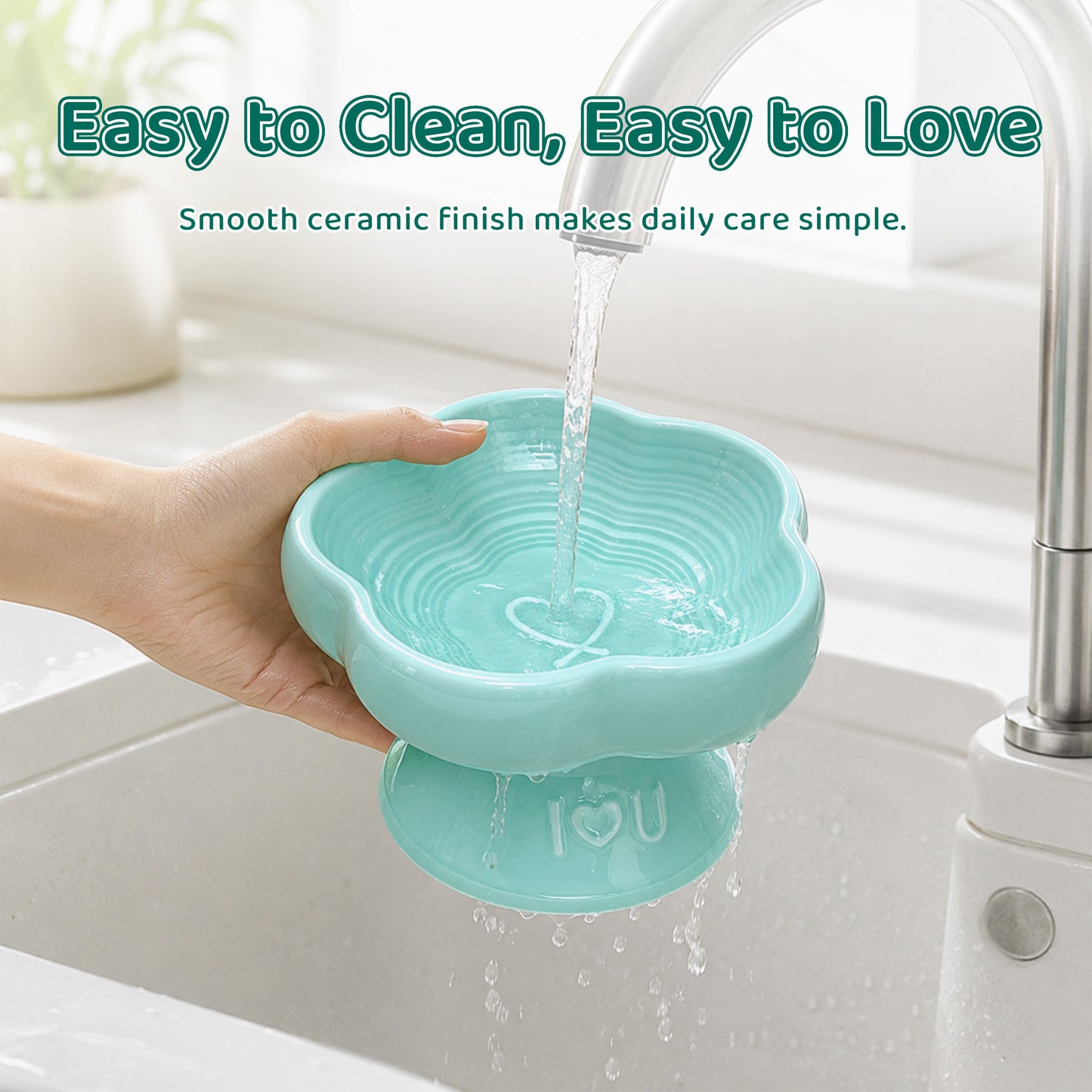 Flower Ceramic Pet Bowl for Cats and Small Dogs, Raised Pet Feeding Bowl with Wide Opening, Food Grade Ceramic Cat Bowl for Kittens, Puppies and Small Pets, Cute Elevated Food and Water Dish-blue