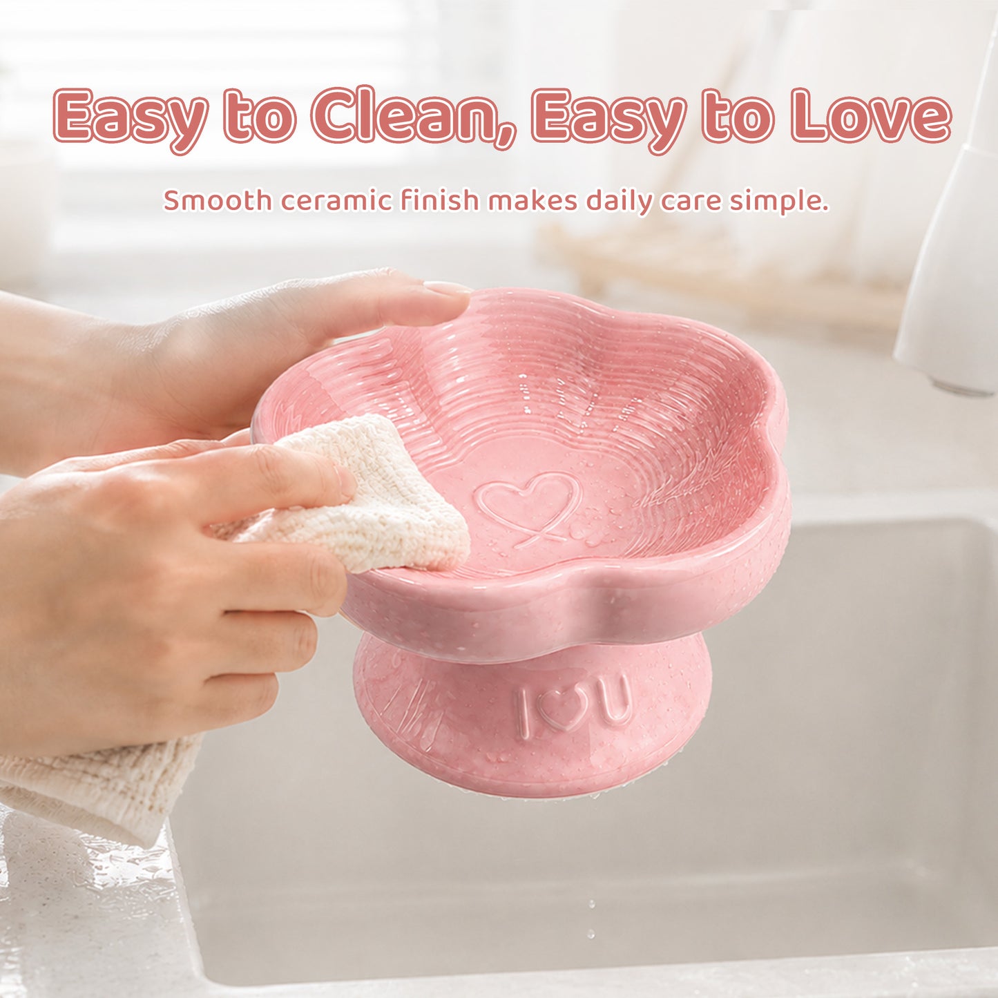 Flower Ceramic Pet Bowl for Cats and Small Dogs, Raised Pet Feeding Bowl with Wide Opening, Food Grade Ceramic Cat Bowl for Kittens, Puppies and Small Pets, Cute Elevated Food and Water Dish-pink