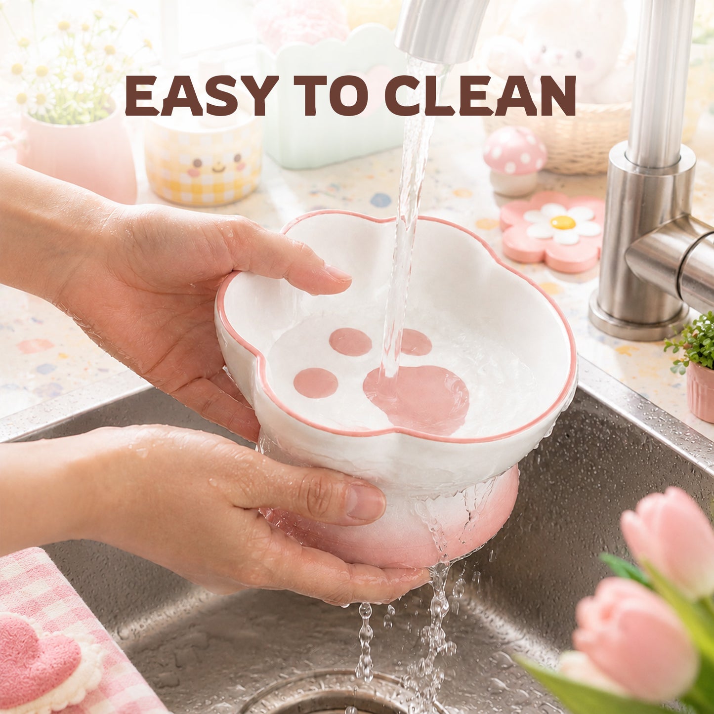 Ceramic Pet Bowl for Cats & Small Dogs, Elevated Paw-Shaped Food & Water Bowl, 400ml Wide-Mouth Feeding Bowl with Non-Slip Mat, Easy to Clean, Cute Cat & Puppy Dish-Pink