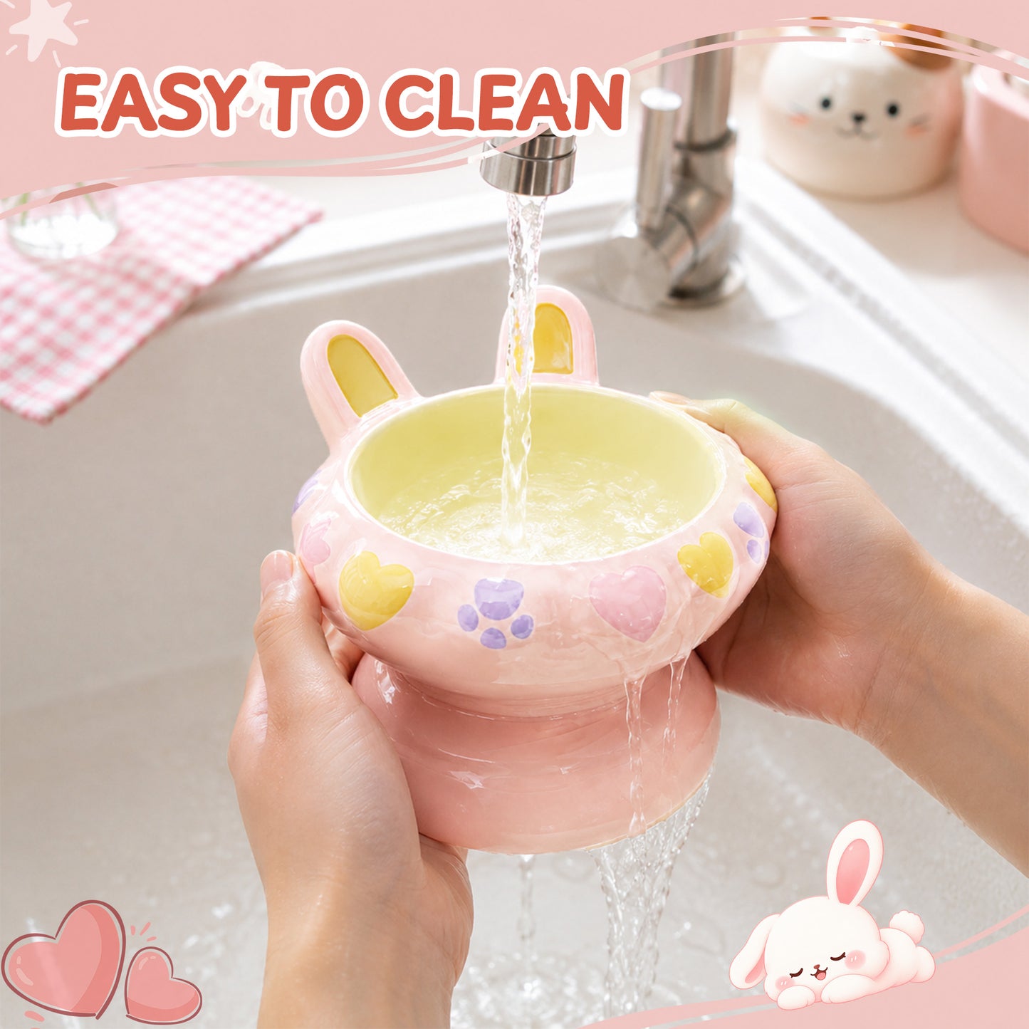 Bunny Ear Elevated Cat and Dog Food Bowl, Cute Raised Ceramic Pet Food Bowl for Cats & Small Dogs, Rabbit Ear Cat Food & Water Bowl with Pedestal Base, 5.9 Inch - Pink