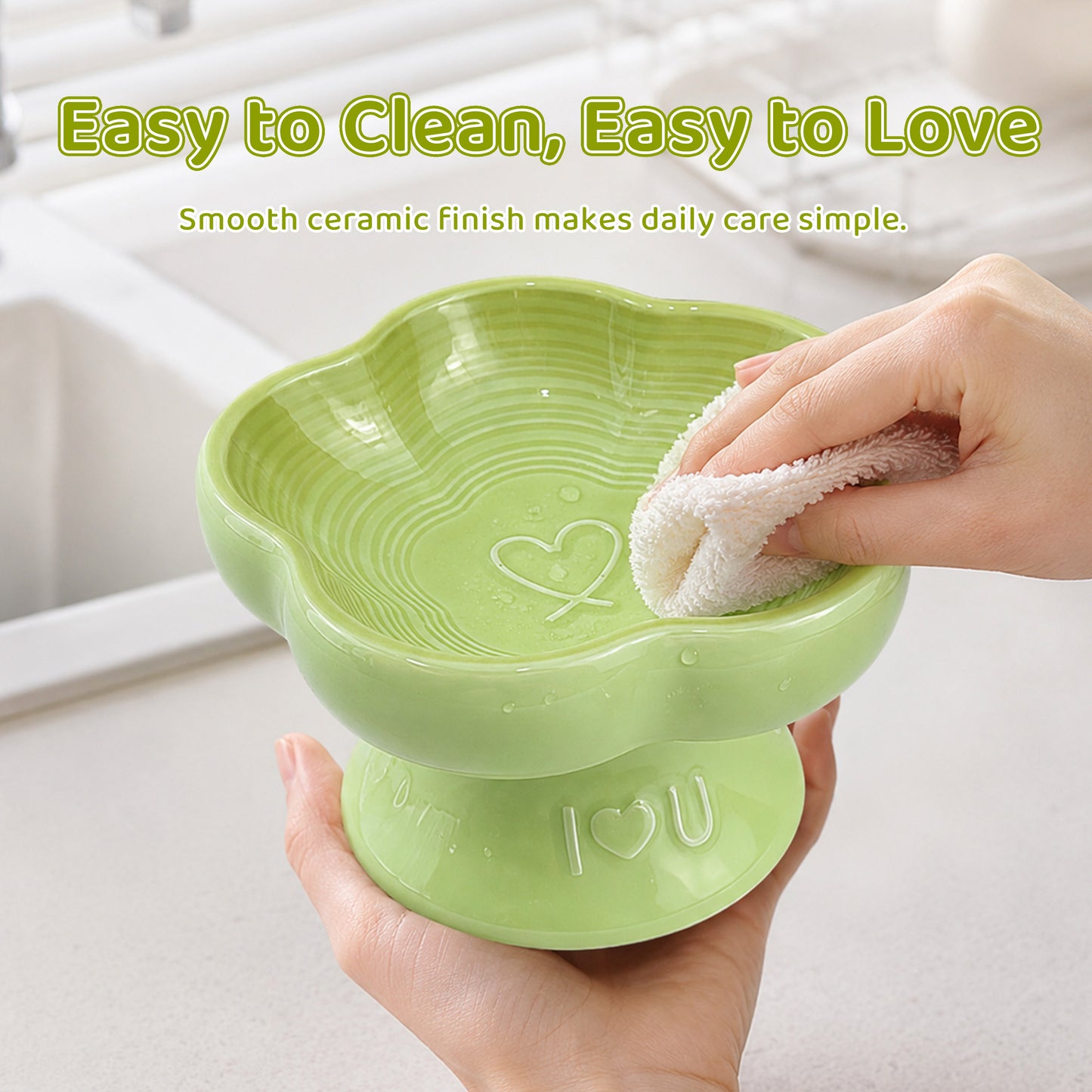 Flower Ceramic Pet Bowl for Cats and Small Dogs, Raised Pet Feeding Bowl with Wide Opening, Food Grade Ceramic Cat Bowl for Kittens, Puppies and Small Pets, Cute Elevated Food and Water Dish-green