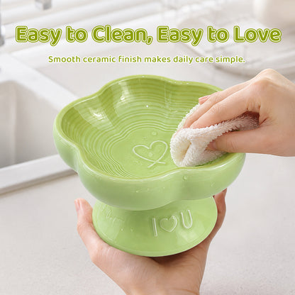Flower Ceramic Pet Bowl for Cats and Small Dogs, Raised Pet Feeding Bowl with Wide Opening, Food Grade Ceramic Cat Bowl for Kittens, Puppies and Small Pets, Cute Elevated Food and Water Dish-green