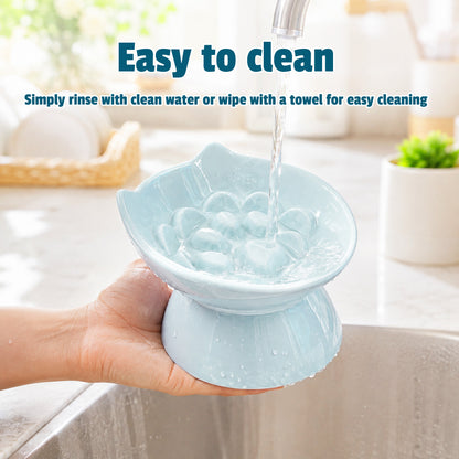 Cat & Dog Slow Feeder Bowl, Elevated Ceramic Pet Bowl, Anti-Gulping Slow Eating Bowl for Small & Medium Cats and Dogs, 5.9 Inch, Easy to Clean Blue