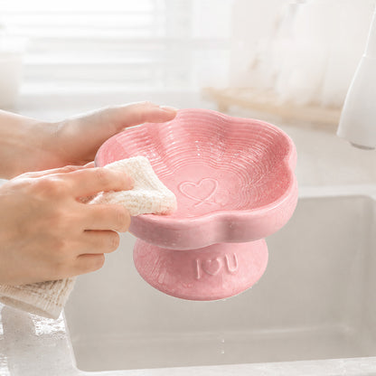 Flower Ceramic Pet Bowl for Cats and Small Dogs, Raised Pet Feeding Bowl with Wide Opening, Food Grade Ceramic Cat Bowl for Kittens, Puppies and Small Pets, Cute Elevated Food and Water Dish-pink