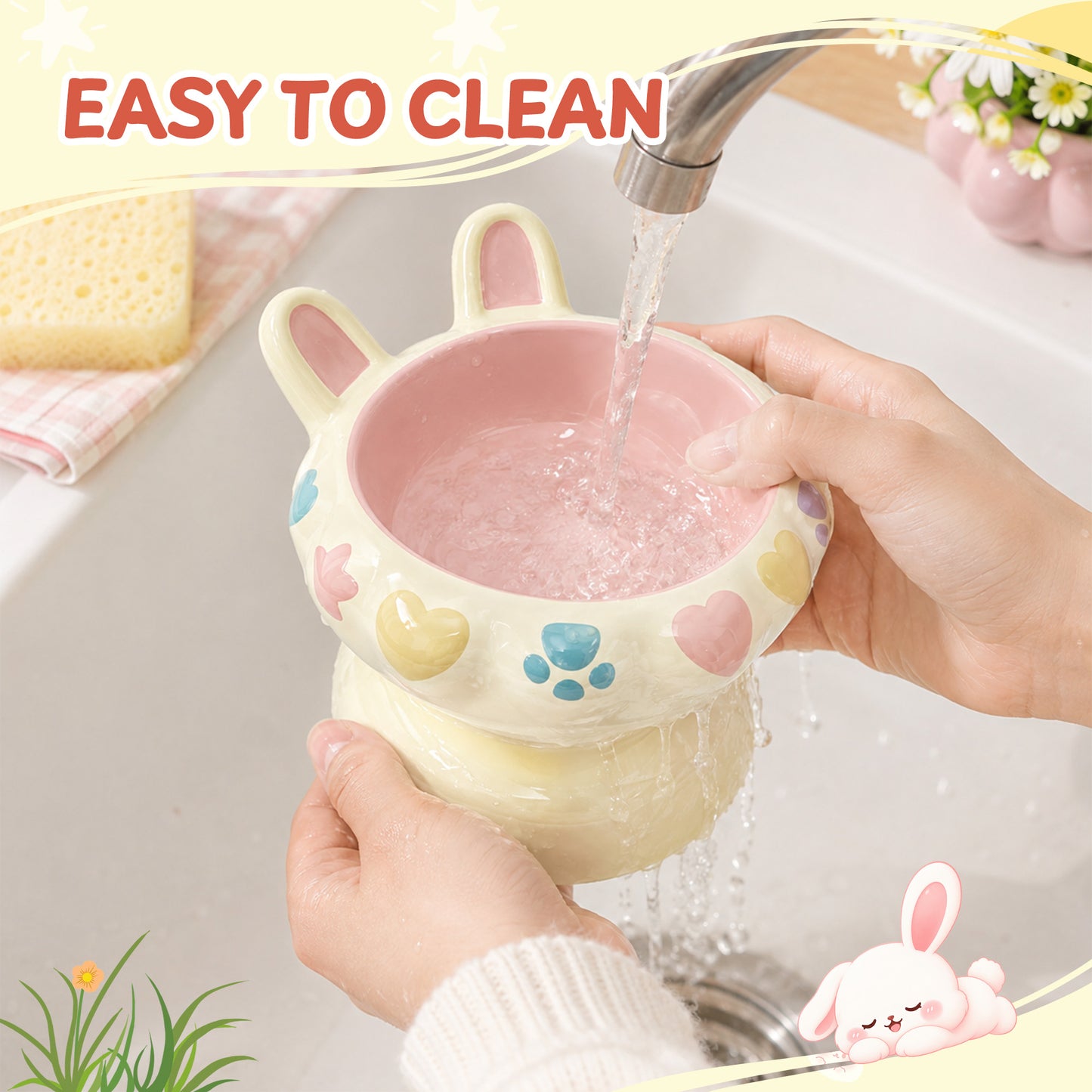 Bunny Ear Elevated Cat and Dog Food Bowl, Cute Raised Ceramic Pet Food Bowl for Cats & Small Dogs, Rabbit Ear Cat Food & Water Bowl with Pedestal Base, 5.9 Inch - Yellow