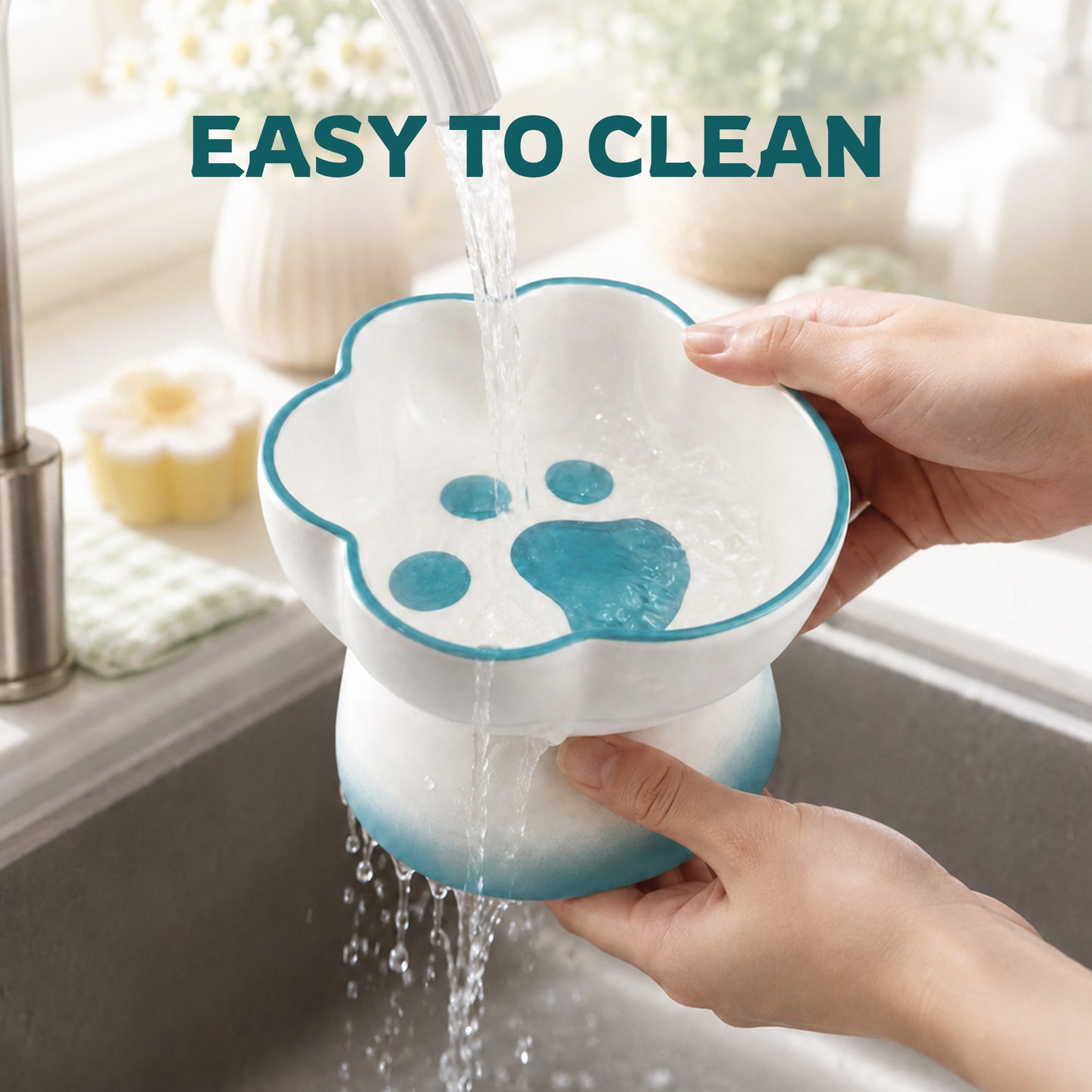 Ceramic Pet Bowl for Cats & Small Dogs, Elevated Paw-Shaped Food & Water Bowl, 400ml Wide-Mouth Feeding Bowl with Non-Slip Mat, Easy to Clean, Cute Cat & Puppy Dish-Blue