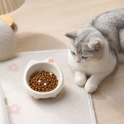 Ceramic Cat Bowl for Small Dogs and Cats: Cute Elevated Pet Food Bowl with Wide Opening, Easy Clean Feeding Dish for Kittens, Puppies and Small Pets-Beige