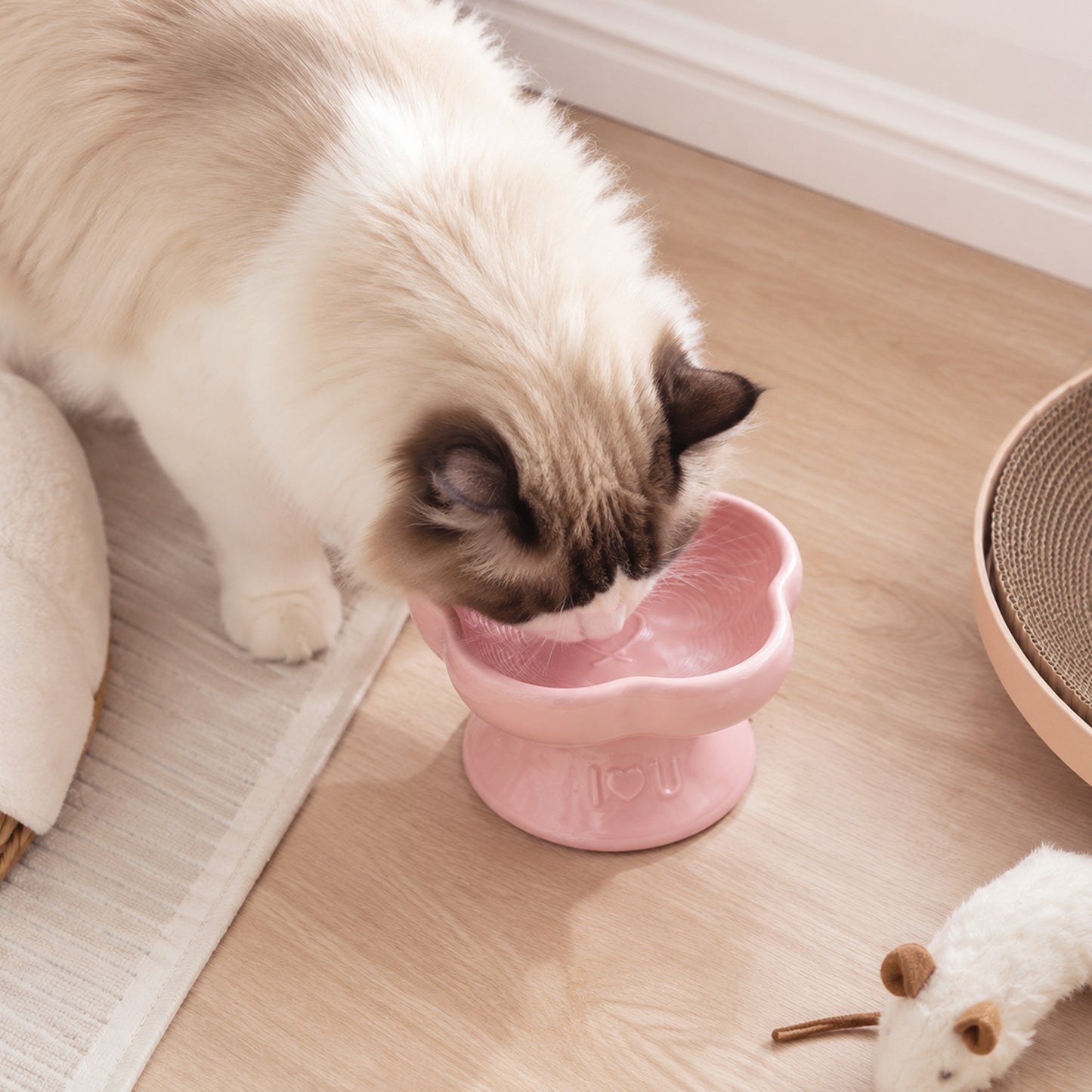 Flower Ceramic Pet Bowl for Cats and Small Dogs, Raised Pet Feeding Bowl with Wide Opening, Food Grade Ceramic Cat Bowl for Kittens, Puppies and Small Pets, Cute Elevated Food and Water Dish-pink
