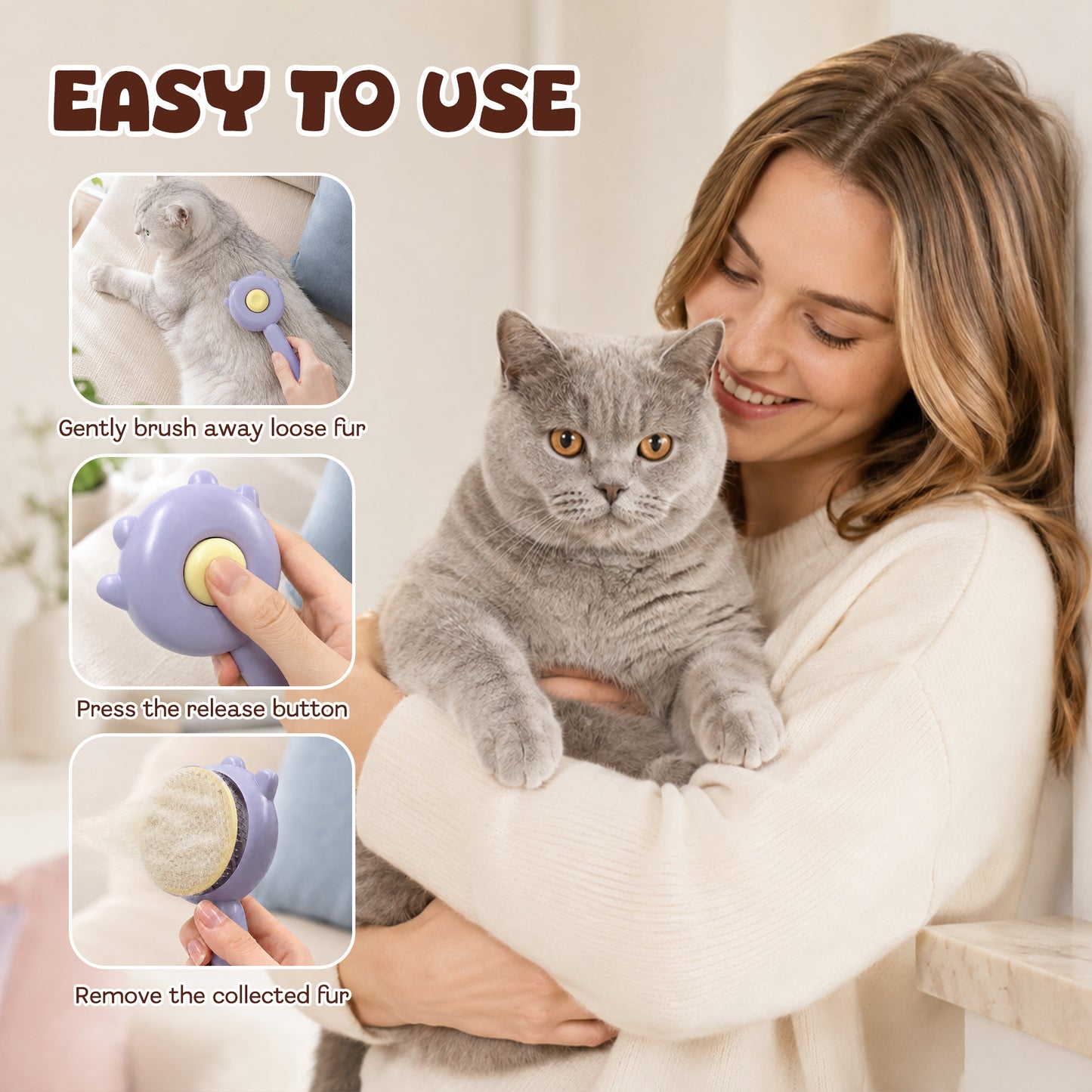 Cat & Dog Grooming Brush, Pet Hair Removal Brush for Long & Short Hair, Easy Clean Deshedding Brush for Cats and Dogs, Pet Grooming Comb for Loose Fur - Purple