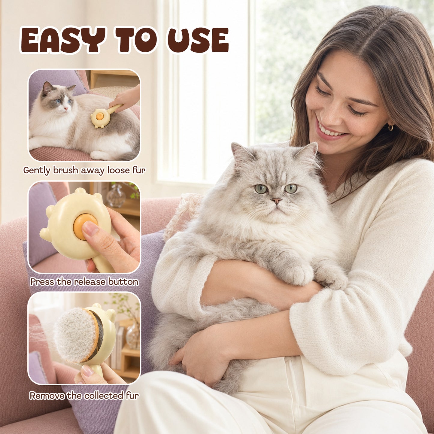 Cat & Dog Grooming Brush, Pet Hair Removal Brush for Long & Short Hair, Easy Clean Deshedding Brush for Cats and Dogs, Pet Grooming Comb for Loose Fur - Yellow
