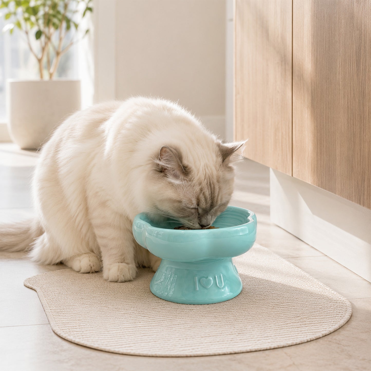 Flower Ceramic Pet Bowl for Cats and Small Dogs, Raised Pet Feeding Bowl with Wide Opening, Food Grade Ceramic Cat Bowl for Kittens, Puppies and Small Pets, Cute Elevated Food and Water Dish-blue