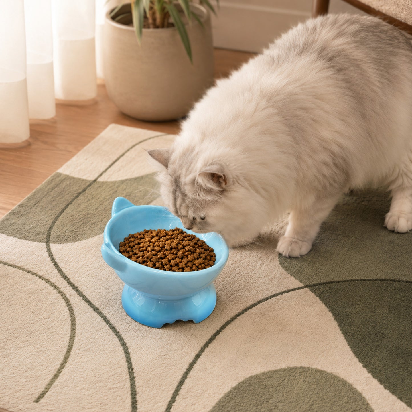 Elevated Cat Bowl, Raised Cat Food Bowl with Cute Cat Ear Design, Deep Pet Food Bowl for Small & Medium Cats and Dogs, Easy to Clean Dog Food Bowl, 5.31 Inch Blue