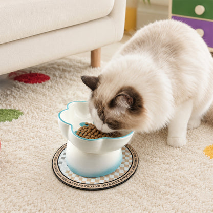 Ceramic Pet Bowl for Cats & Small Dogs, Elevated Paw-Shaped Food & Water Bowl, 400ml Wide-Mouth Feeding Bowl with Non-Slip Mat, Easy to Clean, Cute Cat & Puppy Dish-Blue