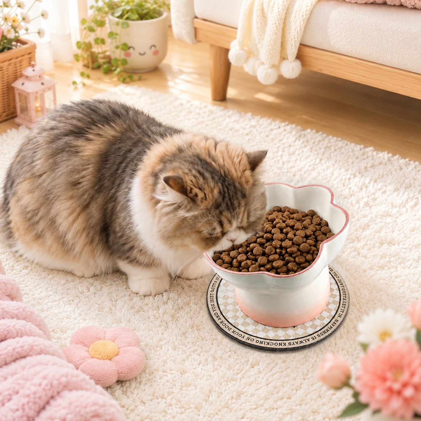 Ceramic Pet Bowl for Cats & Small Dogs, Elevated Paw-Shaped Food & Water Bowl, 400ml Wide-Mouth Feeding Bowl with Non-Slip Mat, Easy to Clean, Cute Cat & Puppy Dish-Pink