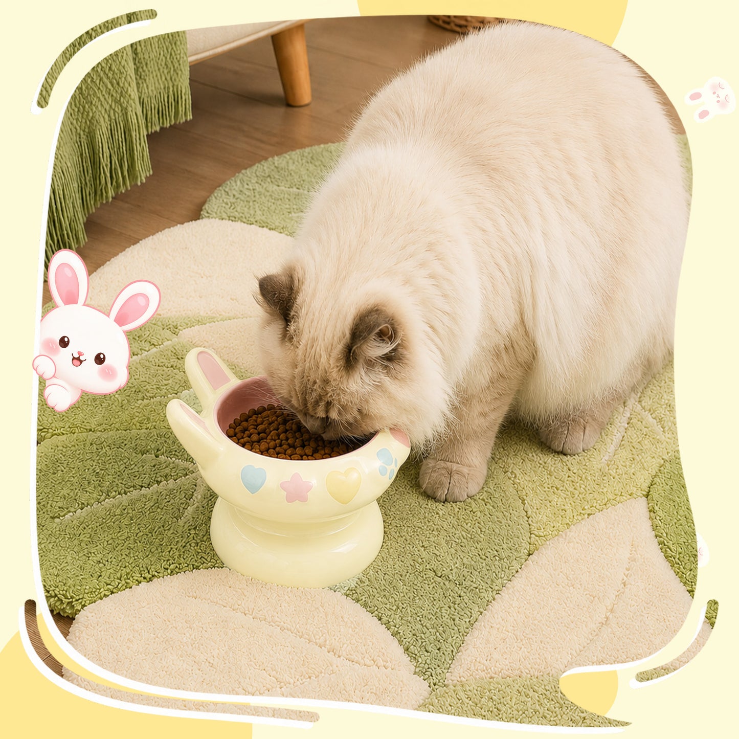 Bunny Ear Elevated Cat and Dog Food Bowl, Cute Raised Ceramic Pet Food Bowl for Cats & Small Dogs, Rabbit Ear Cat Food & Water Bowl with Pedestal Base, 5.9 Inch - Yellow