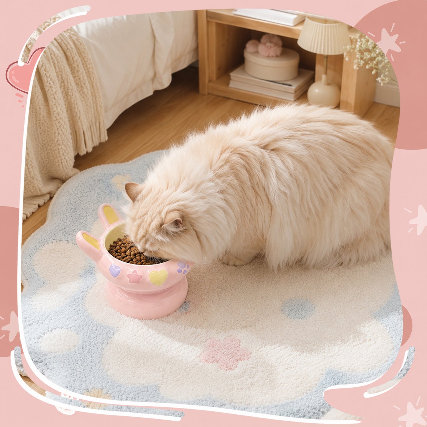 Bunny Ear Elevated Cat and Dog Food Bowl, Cute Raised Ceramic Pet Food Bowl for Cats & Small Dogs, Rabbit Ear Cat Food & Water Bowl with Pedestal Base, 5.9 Inch - Pink