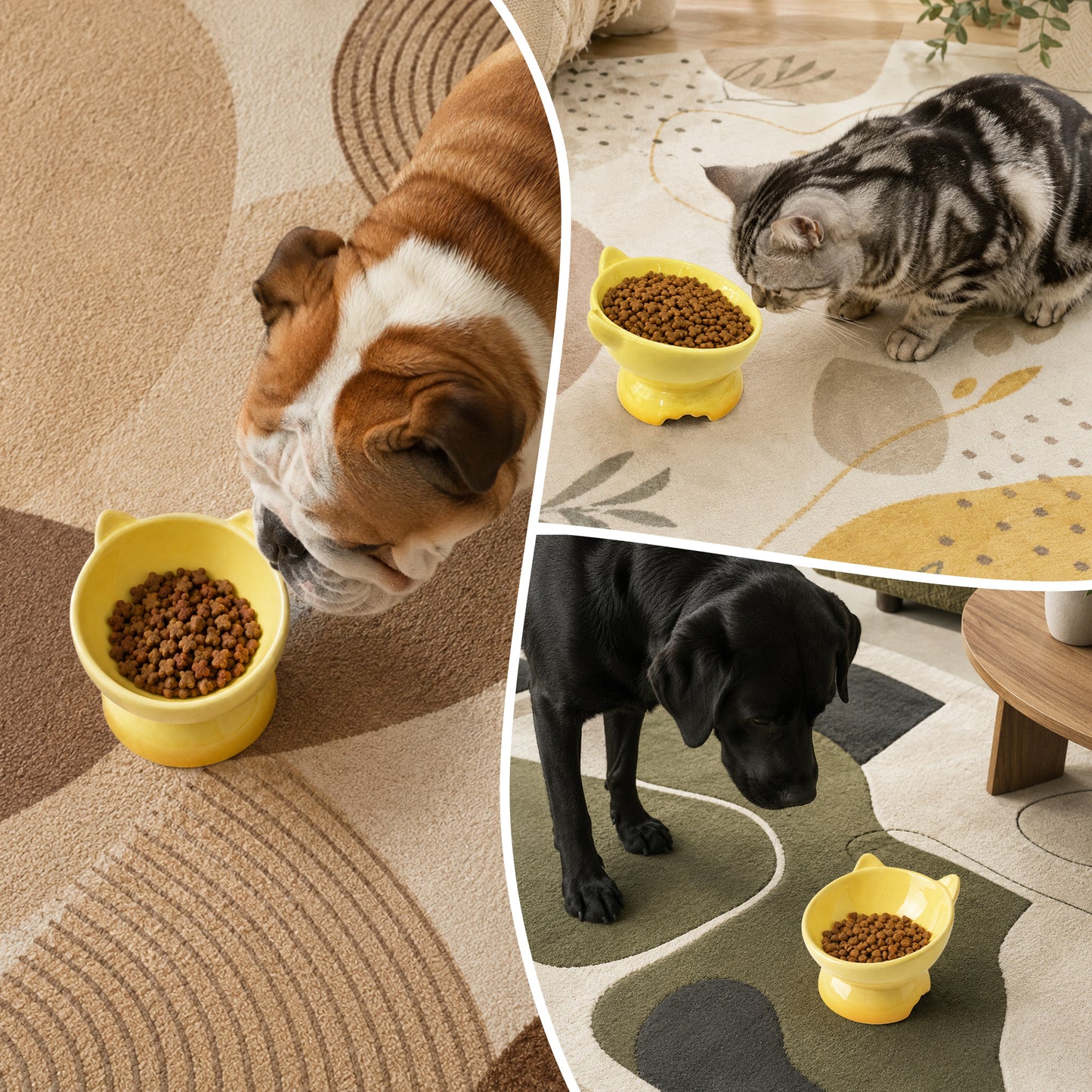 Elevated Cat Bowl, Raised Cat Food Bowl with Cute Cat Ear Design, Deep Pet Food Bowl for Small & Medium Cats and Dogs, Easy to Clean Dog Food Bowl, 5.31 Inch Yellow