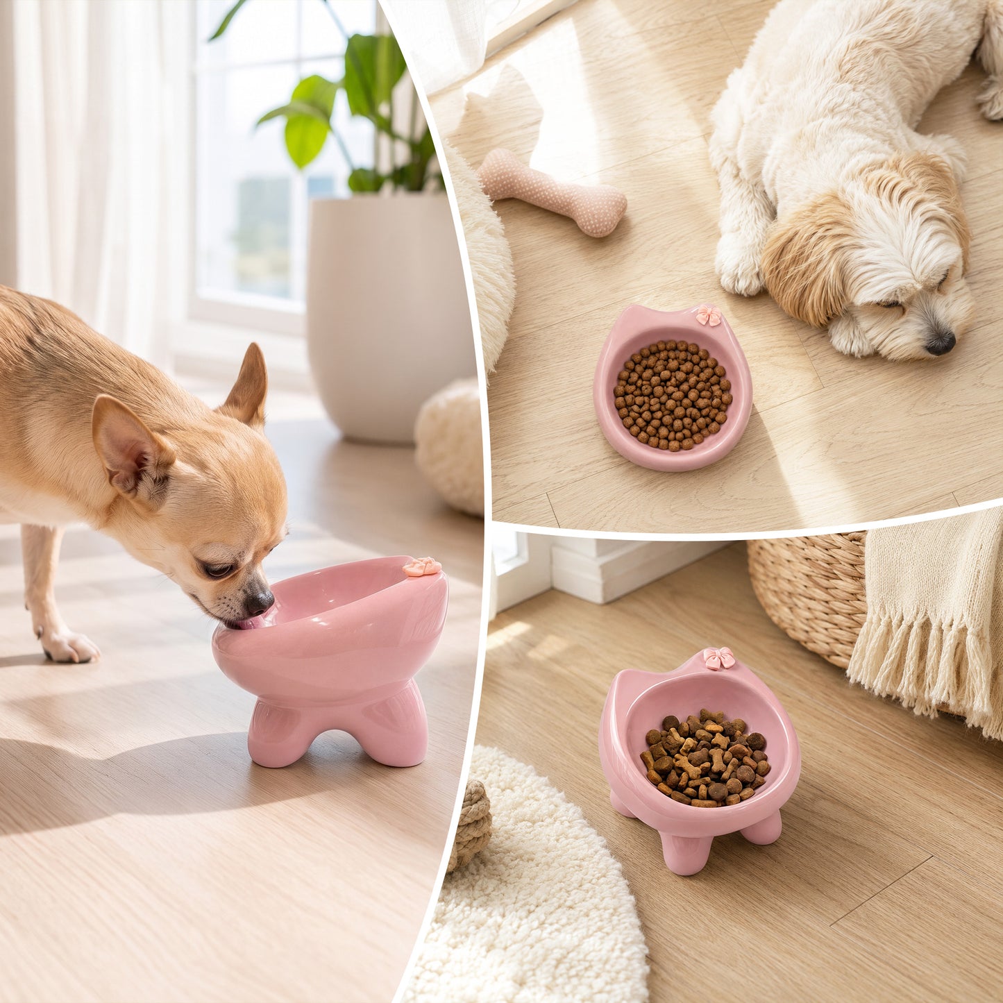 Ceramic Cat Bowl for Small Dogs and Cats: Cute Elevated Pet Food Bowl with Wide Opening, Easy Clean Feeding Dish for Kittens, Puppies and Small Pets-Pink