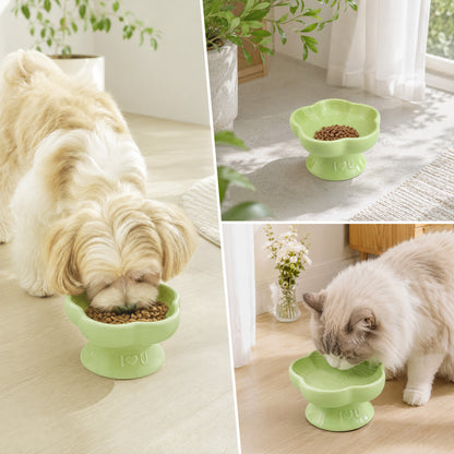Flower Ceramic Pet Bowl for Cats and Small Dogs, Raised Pet Feeding Bowl with Wide Opening, Food Grade Ceramic Cat Bowl for Kittens, Puppies and Small Pets, Cute Elevated Food and Water Dish-green