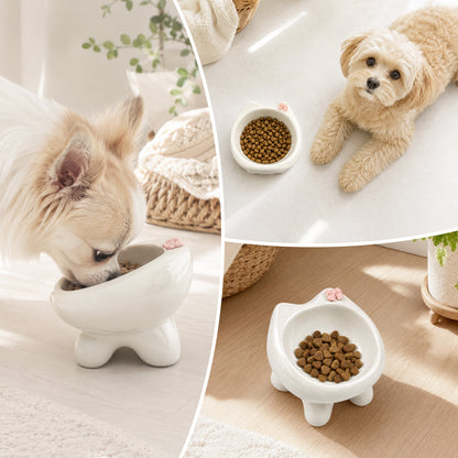 Ceramic Cat Bowl for Small Dogs and Cats: Cute Elevated Pet Food Bowl with Wide Opening, Easy Clean Feeding Dish for Kittens, Puppies and Small Pets-Beige
