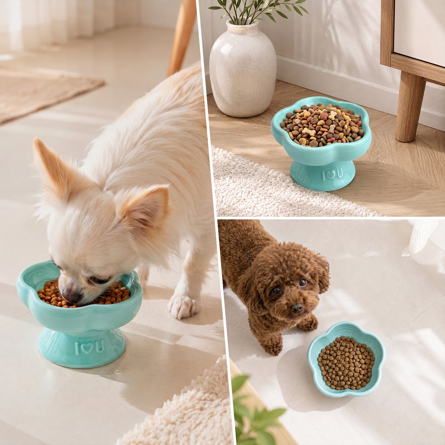 Flower Ceramic Pet Bowl for Cats and Small Dogs, Raised Pet Feeding Bowl with Wide Opening, Food Grade Ceramic Cat Bowl for Kittens, Puppies and Small Pets, Cute Elevated Food and Water Dish-blue