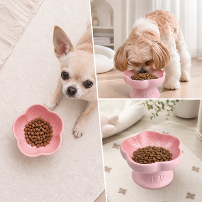 Flower Ceramic Pet Bowl for Cats and Small Dogs, Raised Pet Feeding Bowl with Wide Opening, Food Grade Ceramic Cat Bowl for Kittens, Puppies and Small Pets, Cute Elevated Food and Water Dish-pink