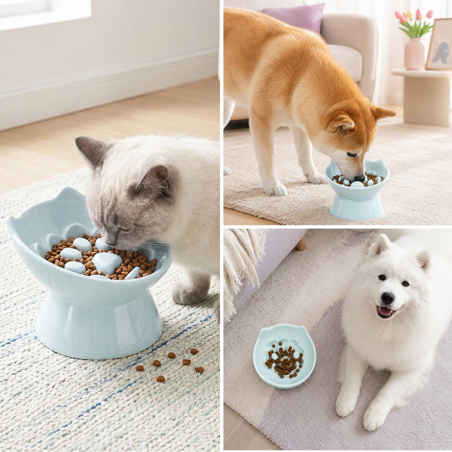 Cat & Dog Slow Feeder Bowl, Elevated Ceramic Pet Bowl, Anti-Gulping Slow Eating Bowl for Small & Medium Cats and Dogs, 5.9 Inch, Easy to Clean Blue