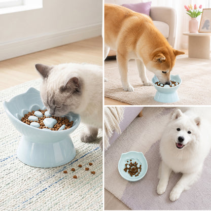 Cat & Dog Slow Feeder Bowl, Elevated Ceramic Pet Bowl, Anti-Gulping Slow Eating Bowl for Small & Medium Cats and Dogs, 5.9 Inch, Easy to Clean Blue