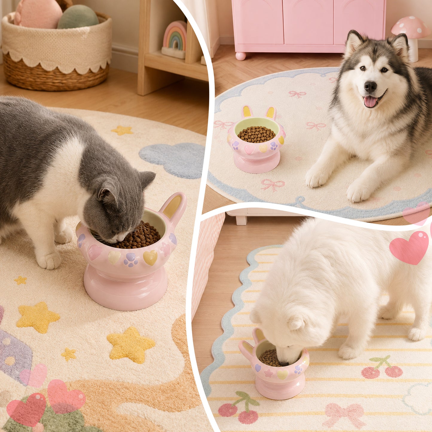 Bunny Ear Elevated Cat and Dog Food Bowl, Cute Raised Ceramic Pet Food Bowl for Cats & Small Dogs, Rabbit Ear Cat Food & Water Bowl with Pedestal Base, 5.9 Inch - Pink