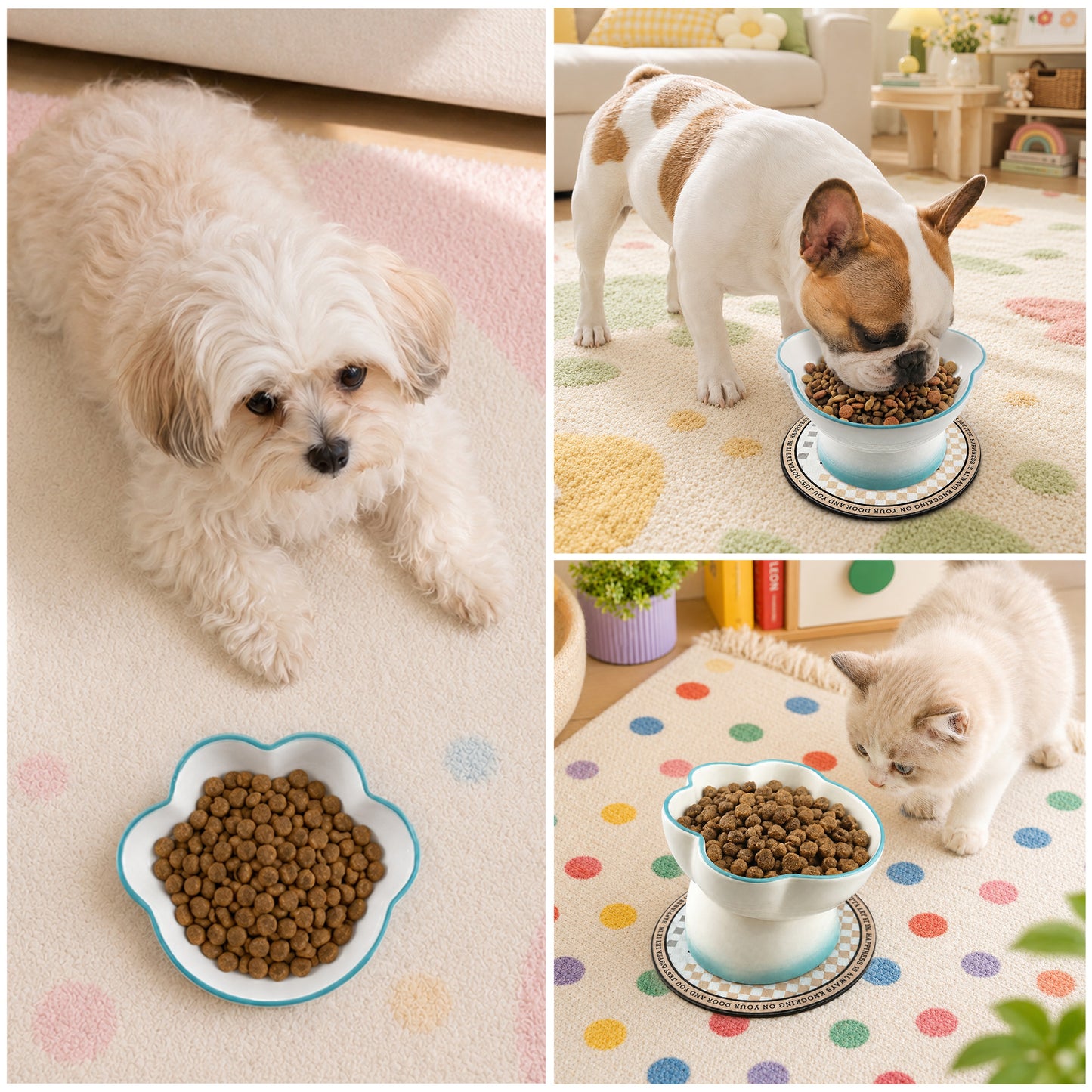 Ceramic Pet Bowl for Cats & Small Dogs, Elevated Paw-Shaped Food & Water Bowl, 400ml Wide-Mouth Feeding Bowl with Non-Slip Mat, Easy to Clean, Cute Cat & Puppy Dish-Blue