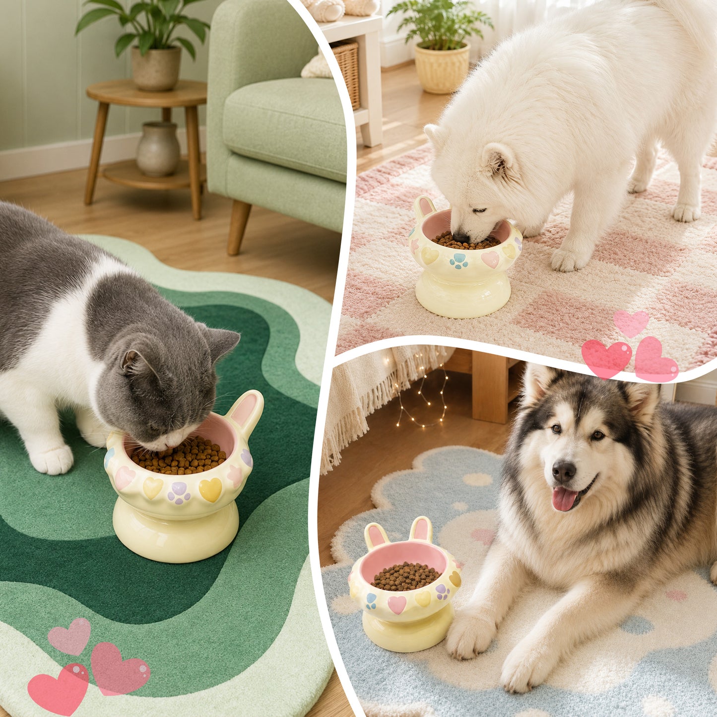 Bunny Ear Elevated Cat and Dog Food Bowl, Cute Raised Ceramic Pet Food Bowl for Cats & Small Dogs, Rabbit Ear Cat Food & Water Bowl with Pedestal Base, 5.9 Inch - Yellow