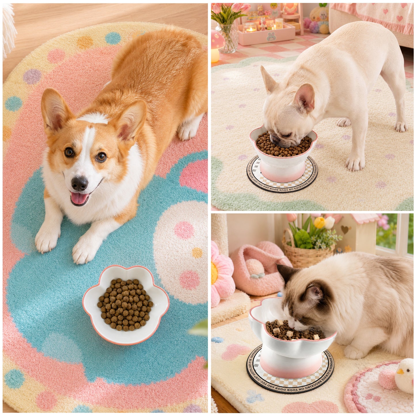 Ceramic Pet Bowl for Cats & Small Dogs, Elevated Paw-Shaped Food & Water Bowl, 400ml Wide-Mouth Feeding Bowl with Non-Slip Mat, Easy to Clean, Cute Cat & Puppy Dish-Pink