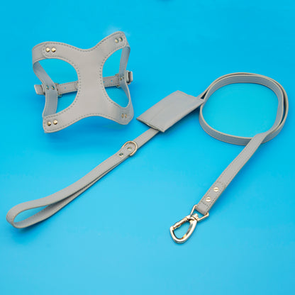 Small Dog PU Leather Harness & Leash Set (Fits Chest 26-50cm)(Moonlight Grey)