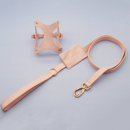 Small Dog PU Leather Harness & Leash Set (Fits Chest 26-50cm)(Strawberry Milk Pink)