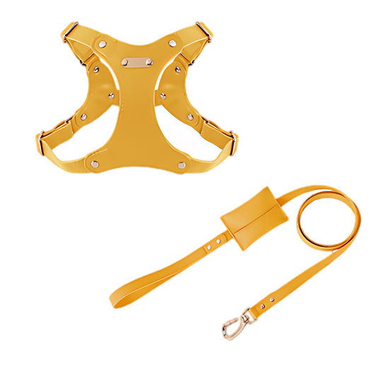 Medium Dog PU Leather Harness & Leash Set (Fits Chest 37-62cm)(Sunshine Day Yellow)
