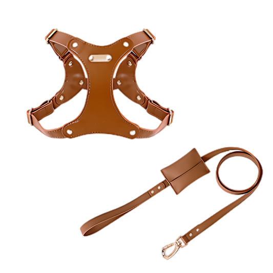 Medium Dog PU Leather Harness & Leash Set (Fits Chest 37-62cm)(Little Teddy Brown)