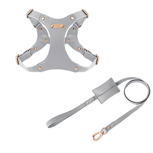 Medium Dog PU Leather Harness & Leash Set (Fits Chest 37-62cm)(Moonlight Gray)