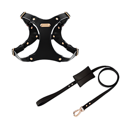 Medium Dog PU Leather Harness & Leash Set (Fits Chest 37-62cm)(Twinkle Black)