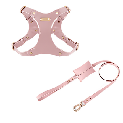 Medium Dog PU Leather Harness & Leash Set (Fits Chest 37-62cm)(Strawberry Milk Pink)