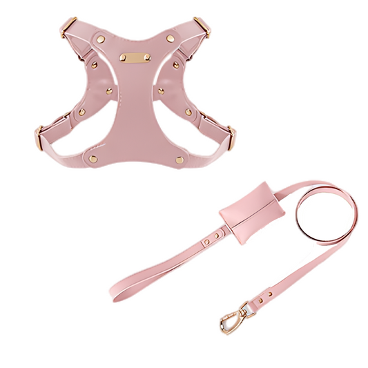 Medium Dog PU Leather Harness & Leash Set (Fits Chest 37-62cm)(Strawberry Milk Pink)