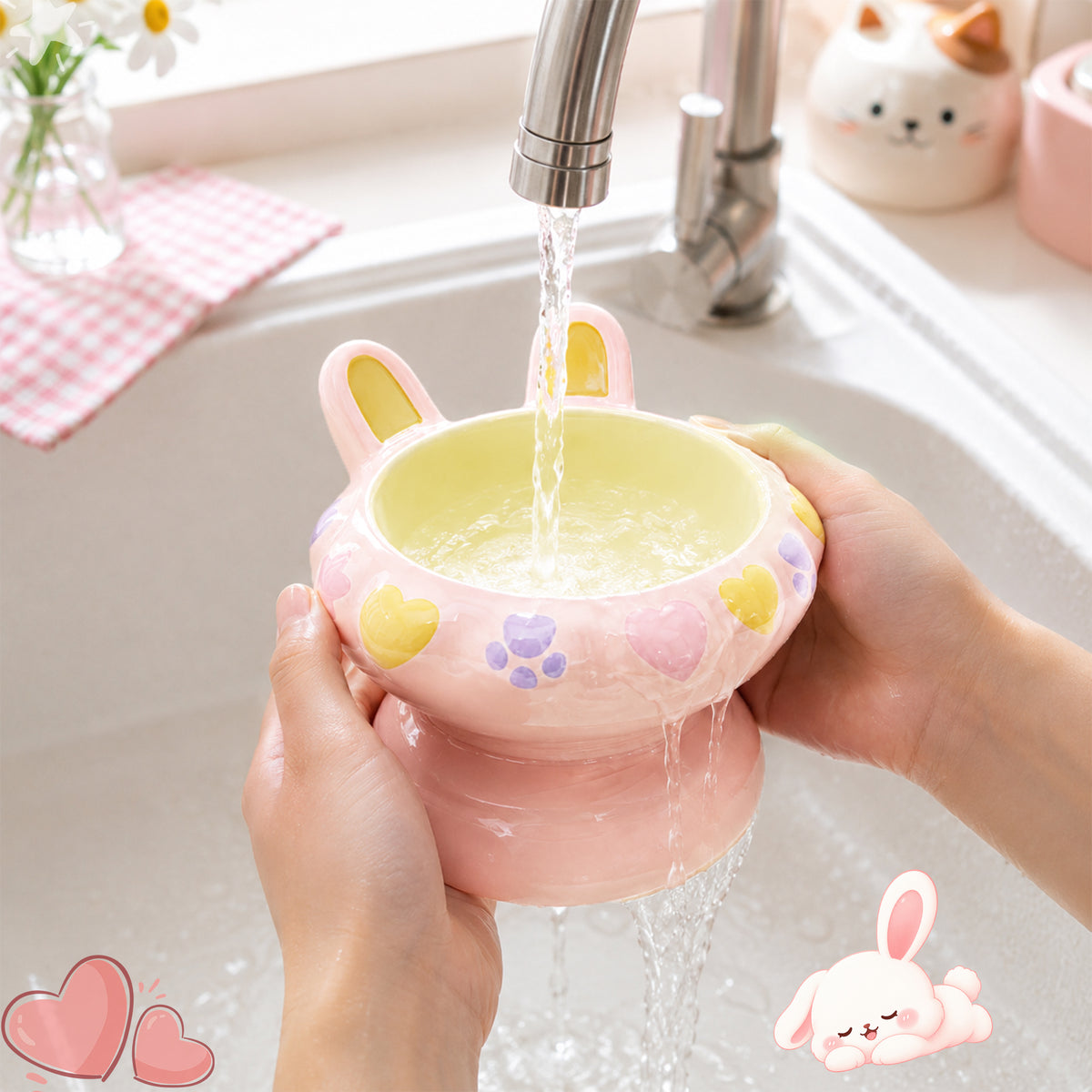 【pre-order】Bunny Ear Elevated Cat and Dog Food Bowl, Cute Raised Ceramic Pet Food Bowl for Cats & Small Dogs, Rabbit Ear Cat Food & Water Bowl with Pedestal Base, 5.9 Inch - Pink