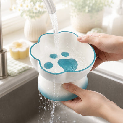 Ceramic Pet Bowl for Cats & Small Dogs, Elevated Paw-Shaped Food & Water Bowl, 400ml Wide-Mouth Feeding Bowl with Non-Slip Mat, Easy to Clean, Cute Cat & Puppy Dish-Blue