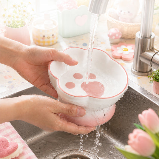 Ceramic Pet Bowl for Cats & Small Dogs, Elevated Paw-Shaped Food & Water Bowl, 400ml Wide-Mouth Feeding Bowl with Non-Slip Mat, Easy to Clean, Cute Cat & Puppy Dish-Pink